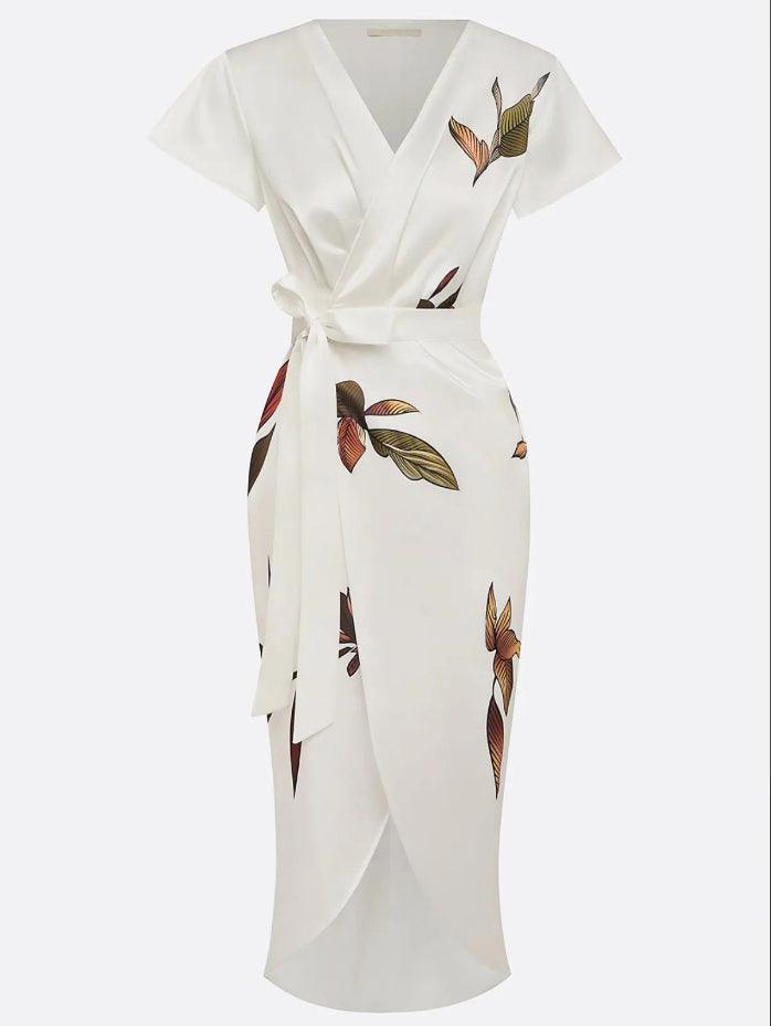 Midi bodycon dress in satin with white leaf pattern