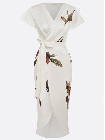 Midi bodycon dress in satin with white leaf pattern