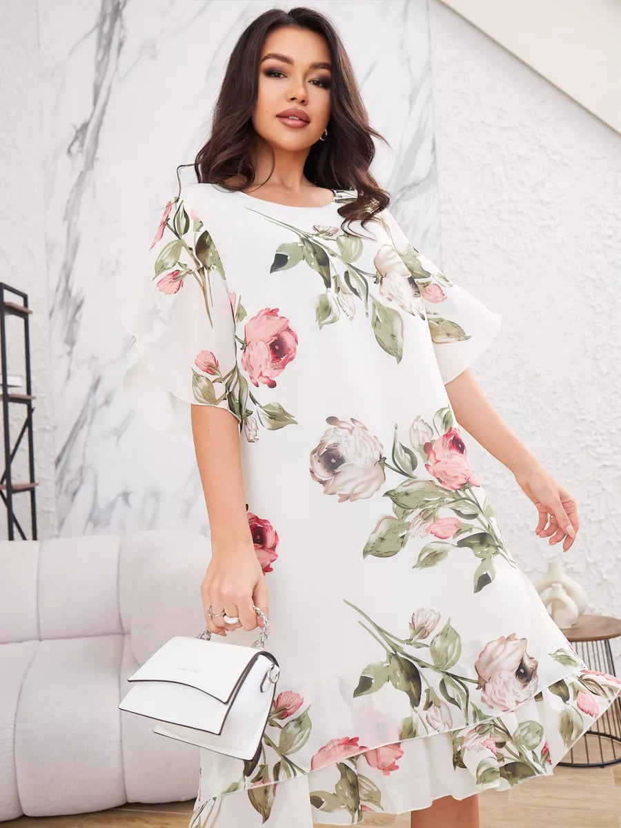 Judith | Elegant Floral Print Chiffon Dress