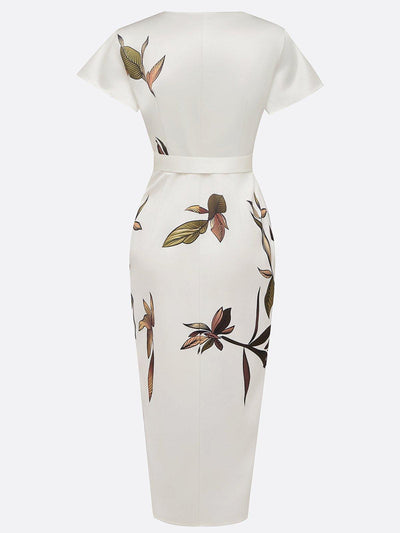 Midi bodycon dress in satin with white leaf pattern