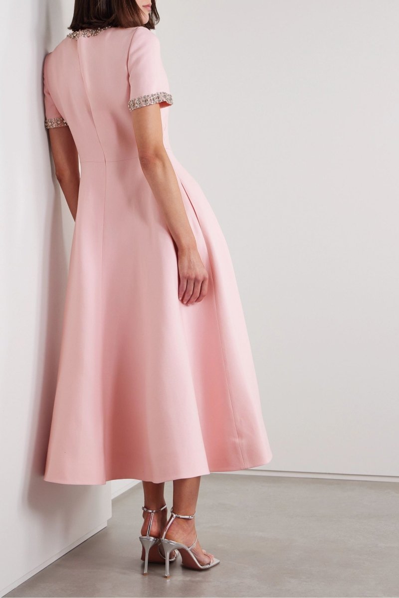 Zoe Bowknot Pink Midi Dress Adorned with Crystals