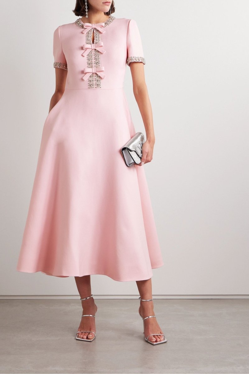 Zoe Bowknot Pink Midi Dress Adorned with Crystals